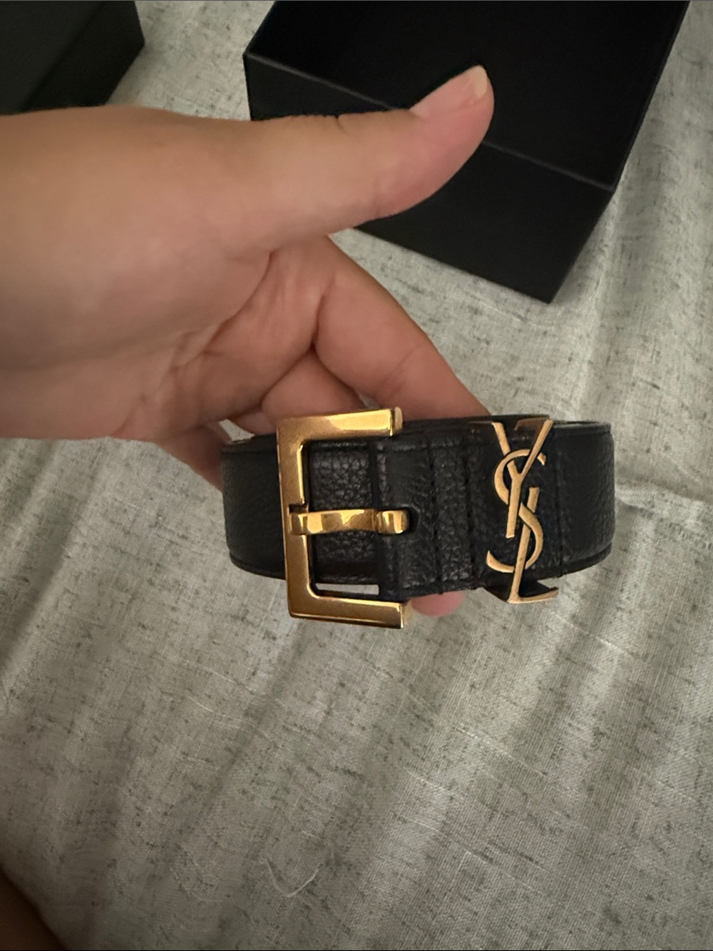 Saint Laurent Black Leather Belt with Gold YSL Logo Buckle